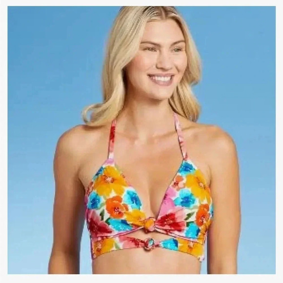 Shade & Shore  Lightly Lined Longline Double Knot-Front Bikini Top Floral size M - Picture 2 of 13